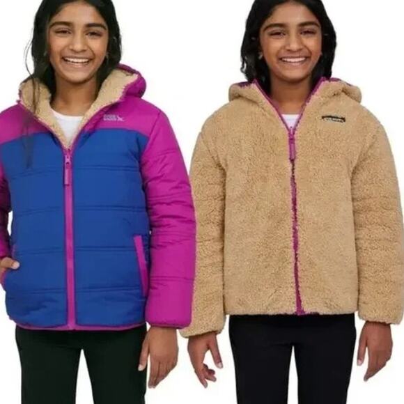 Eddie Bauer Zip Up Teddy Fleece Puffer Reversible Jacket Coat Girls Small 7/8 - Picture 1 of 9